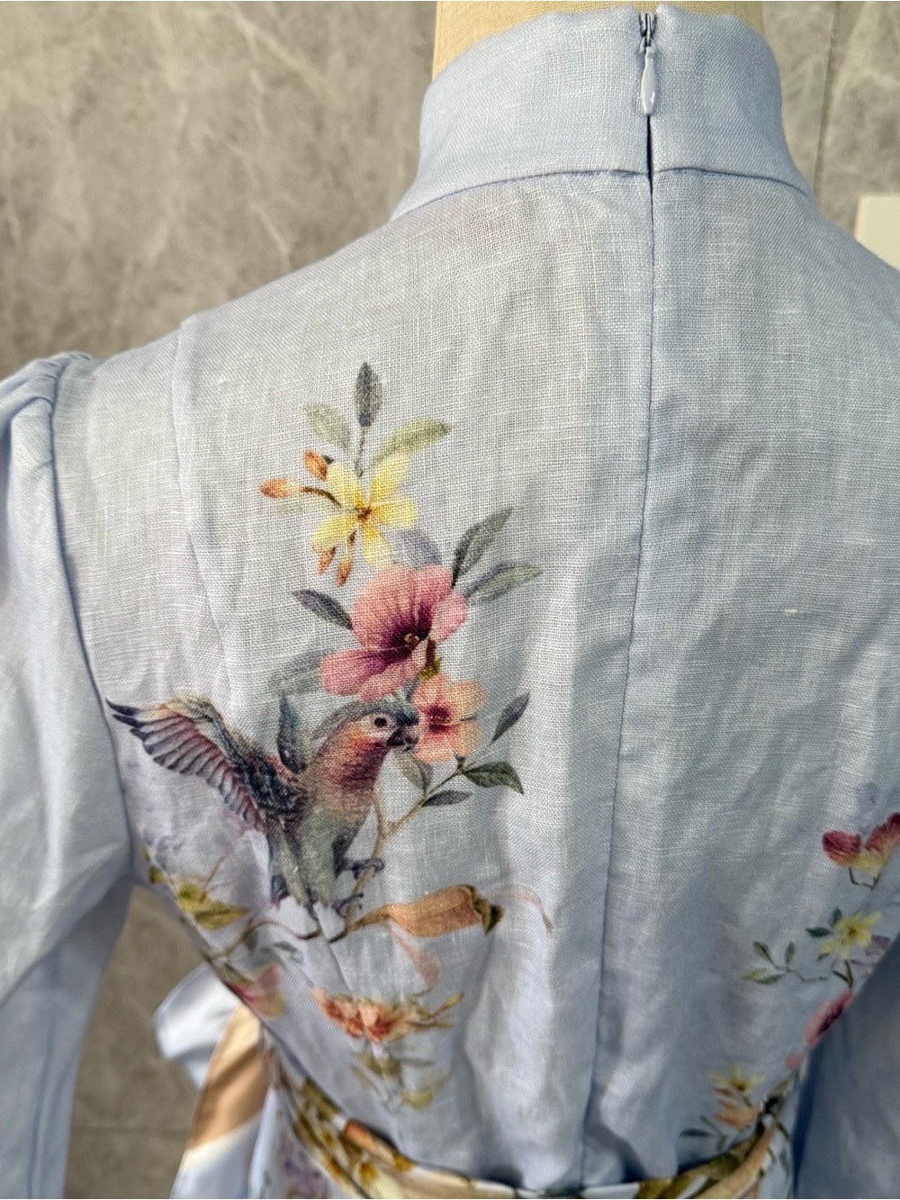 Zimmermann Powder Blue Floral & Bird Tie-Waist Mini Dress - Picture 5 of 11